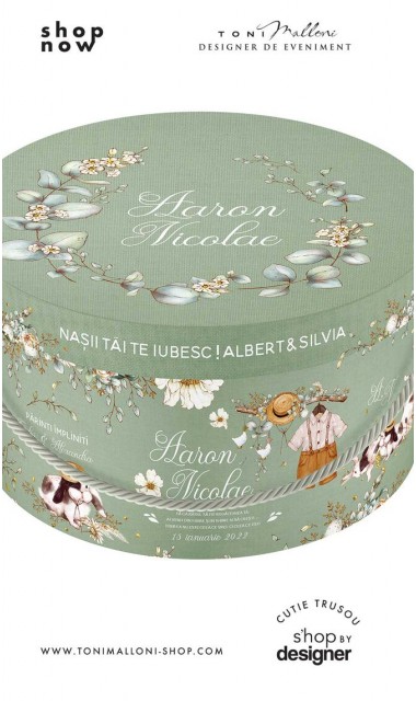 Cutie trusou botez baiat verde salvie cu iepuri si motive retro Rabbit Sage Green 2